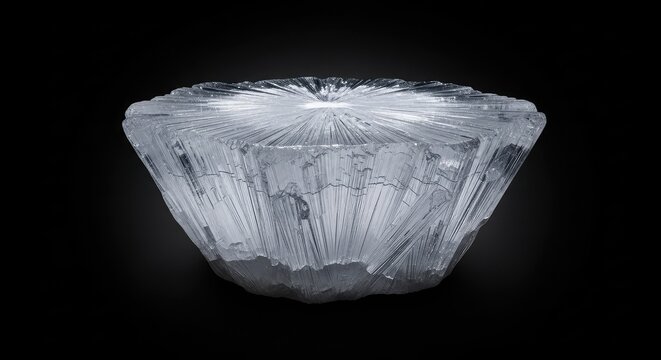 A specimen of translucent white ulexite mineral, widely known as tv rock, displayed against a solid black background for high contrast detail, fiber optic, rough, science