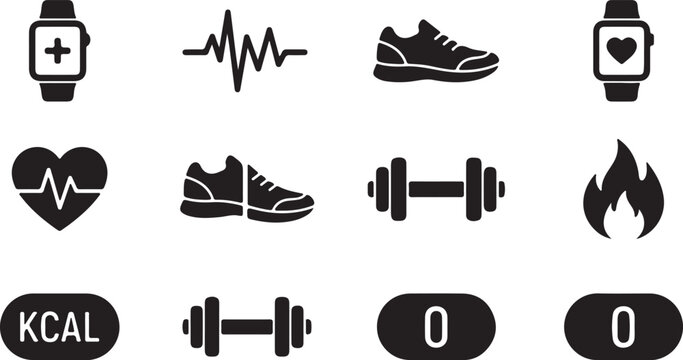 Black fitness icons set including watches, shoes, dumbbells, heart rate