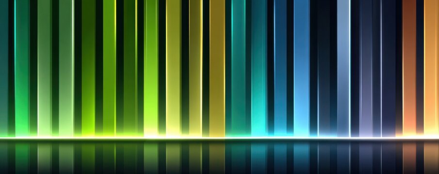 Dark background with vertical green and blue neon light lines and reflective abstract glow