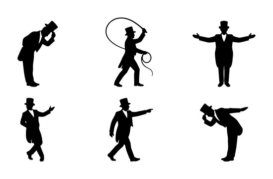 Circus Ringmaster Silhouettes, Top Hat Performers, Whip Action Poses, Formal Attire, Vector Set for Entertainment and Show Graphics