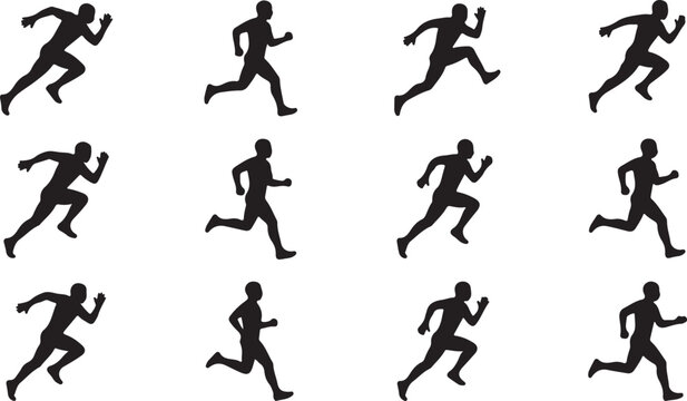 Black silhouettes of running men in various poses