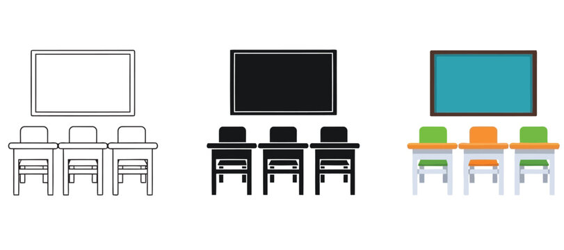 Three different classroom setups with whiteboard and student desks illustration
