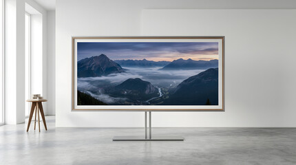 Fototapeta premium Modern interior with large screen displaying misty mountain landscape