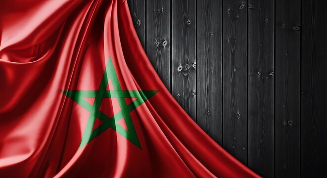 Morocco flag with silk texture on black wooden background, Moroccan national symbol on dark wood planks, elegant satin fabric banner
