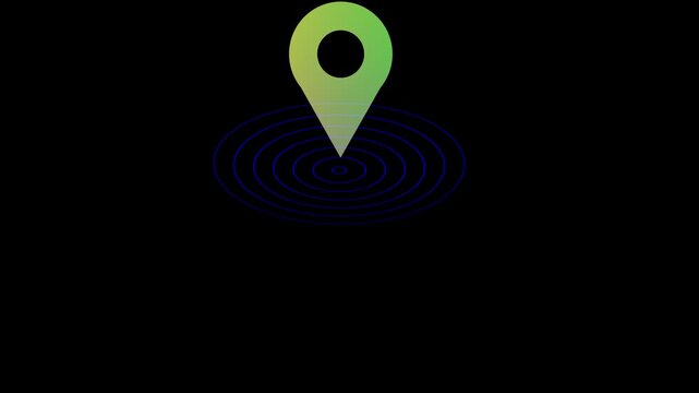 Animated gradient map pin with pulsing circular waves on a clean black background, digital navigation, location services, travel apps, and modern user interface