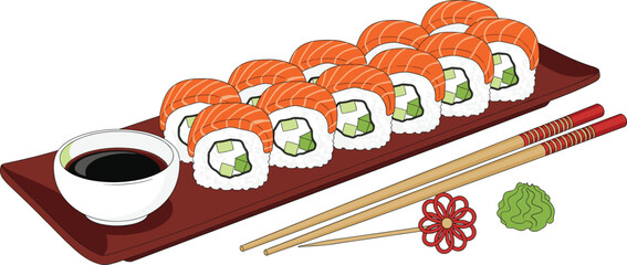 Large Platter of Fresh Salmon Sushi Rolls with Avocado Filling Served with Soy Sauce, Wasabi, and Bamboo Chopsticks Vector Illustration for Dining © Mohammad