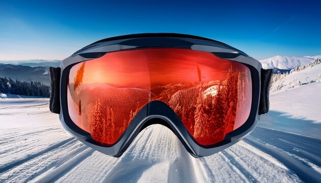 close up view of ski goggles against a mountainous area full of snow with a beautiful red reflection of the landscape
