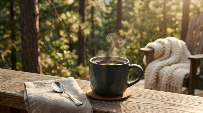 Steaming mug of coffee on a wooden railing with a forest background, hot drink