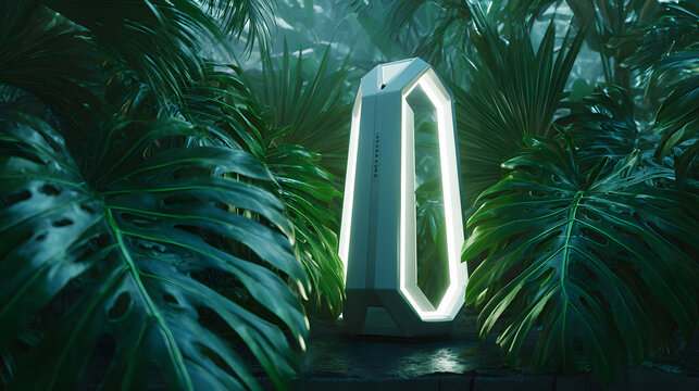 Futuristic white IoT sensor pylon among giant tropical jungle leaves