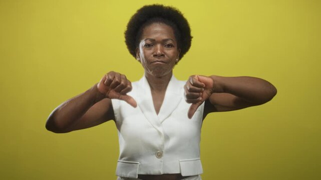 Woman shows both thumbs down with bare hands and forearms, stern expression, wearing white vest against yellow studio backdrop; disapproval judgment.