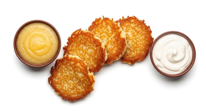 Crispy golden fried potato pancakes served alongside bowls of sweet applesauce and cool sour cream on a clean white background. Delicious, cooking, simple, seasonal