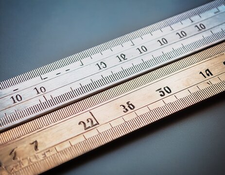 close up picture of two steel rulers showing the size difference between inches and centimeters conceptual british and metric system comparison