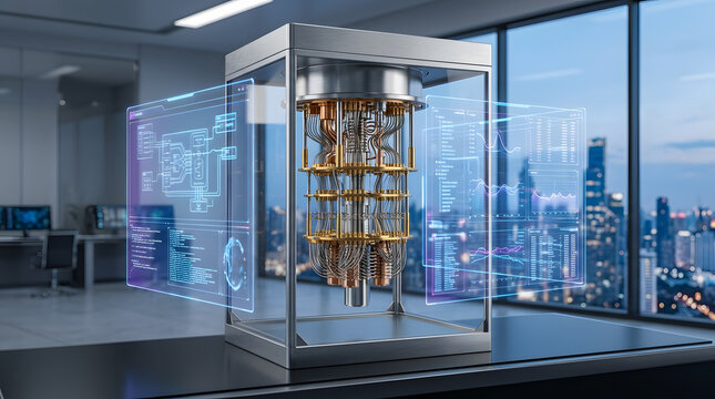Advanced quantum computer in a modern research lab with city skyline view