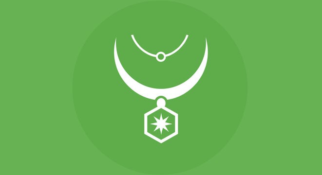 Elegant Jewelry Necklace Icon Featuring a Hexagonal Pendant with Star Motif and Crescent Detail on a Green Circular Background for Luxury Fashion Branding and Accessory Design VectorElegant Jewelry Ne