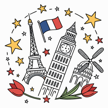 European landmarks and french flag doodle art with eiffel tower big ben europe travel short break city tour european cities united kingd