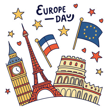 Doodle illustration of european landmarks and flags for europe day with eiffel tower big ben united kingdom european union hand drawn