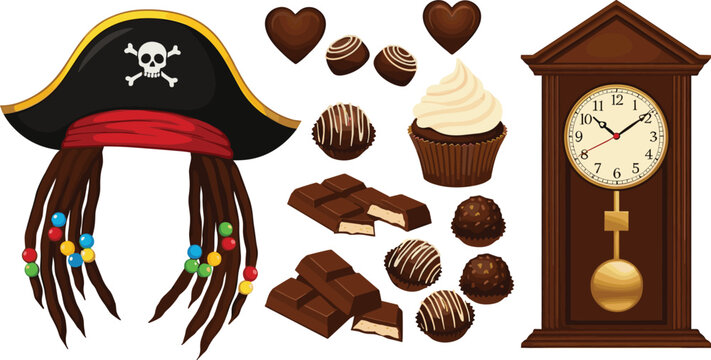 Pirate Hat with Dreadlocks and Beads Beside Assorted Chocolate Truffles Cupcake and Vintage Wooden Grandfather Pendulum Clock Vector Illustration