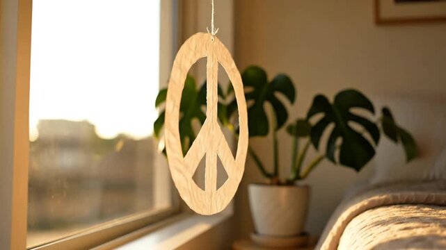 Wooden Peace Sign Ornament Rotating in Front of Sunlit Window