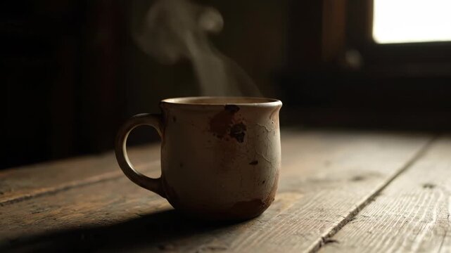 Warm Coffee Mug on Wooden Table in Cozy Indoor Setting.