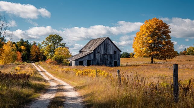 Weathered wooden barn in a sunlit autumn field in rural Michigan