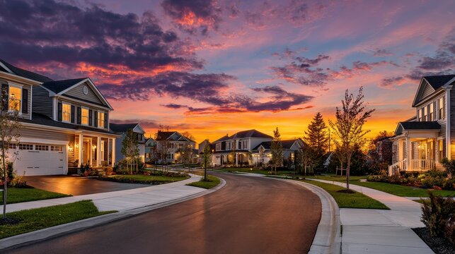 Residential cul-de-sac scene at dusk, upscale two-story houses and warm sunset tones