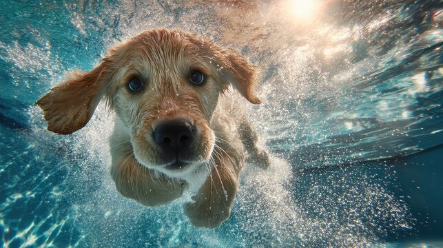 Underwater playtime: golden retriever puppy dives and jumps in a sunny pool during summer family fun