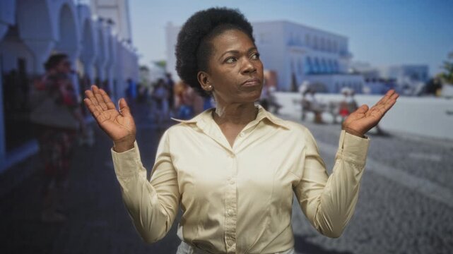Woman with raised palms gesture and neutral expression on a sunlit cobblestone street; confusion doubt.