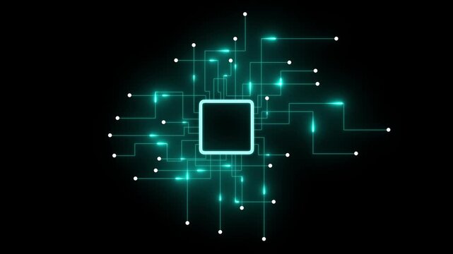 Digital circuit board with glowing neon lines and central processor unit icon.