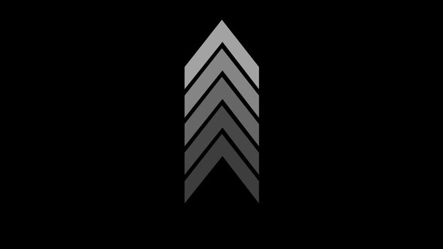 Animated loading progress bar featuring minimalist chevron arrow rising upwards in a smooth sequential motion loop against a solid black background, for modern digital, interface and ui