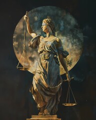 Obraz premium Lady Justice Blindfolded with Scales and Moon - Impressionist Oil Painting Style