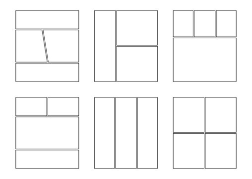 Set of templates for manga comic panels including 6 templates. Comic or Manga background frames and panels, designed for mangaka or comic artists. Backgrounds for comics or manga.
