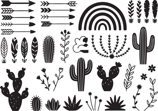 Collection of bohemian style graphics including arrows feathers rainbows cactus and wildflowers for desert themed wall decor.