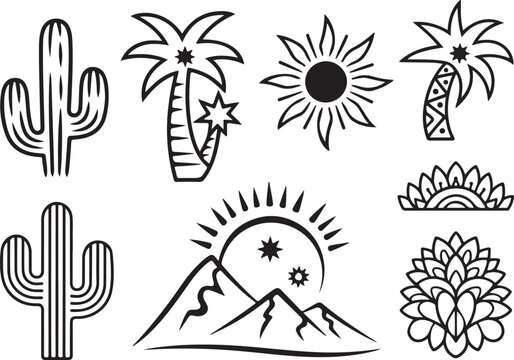 Assorted collection of desert landscape elements including cactus palm trees mountains and sun icons in modern line art style.