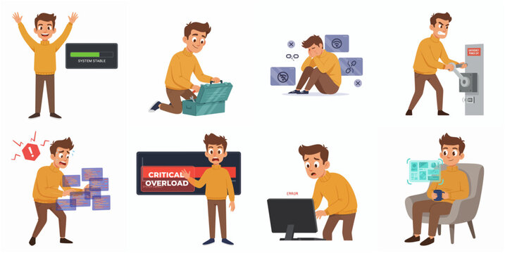 IT Professional and Computer Engineer Character Set: Illustrations of Troubleshooting, System Maintenance, and Technology Error Situations