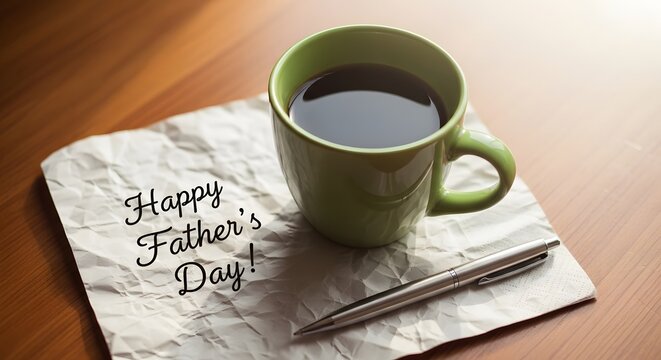 A green coffee mug on a crumpled napkin with happy fathers day message