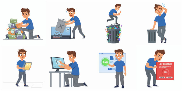 Cartoon Character Managing Digital Storage, Low Disk Space Warning, and System Cache Cleanup Illustration Set