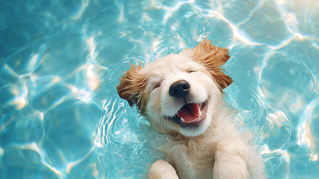 A happy looking puppy floats in the clear blue water.