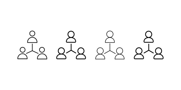 Teamwork icons, organization chart symbols, people network diagram, hierarchical structure, business group connection, employee relationship, family tree, vector.