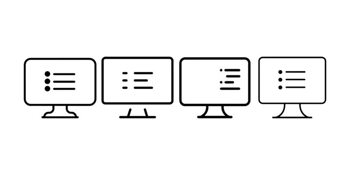 Computer monitor with menu list icons isolated on white background digital display showing user interface elements for web application design and data.