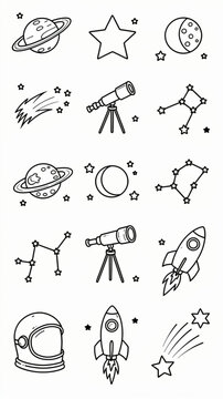 Space icons with rockets and planets.