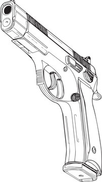 Black And White Semi Automatic Pistol Three Quarter View Drawing