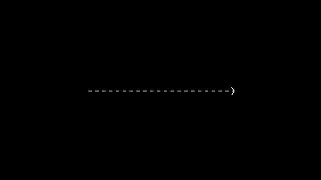 Minimalist animated white dashed line path with directional arrowhead moving across a clean black background, for modern motion, ui infographic and, digital presentations