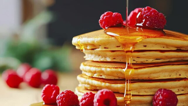 Stack of golden teff pancakes with honey pouring fresh raspberries on wooden surface