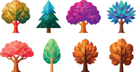 Geometric polygonal trees and evergreen fir with vibrant gradient colors abstract natural shapes. © Vectorar M A