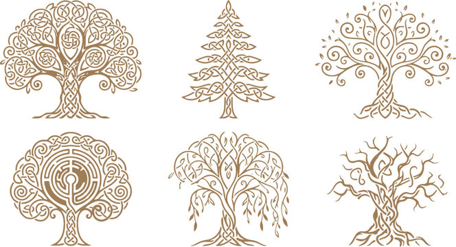 Celtic tree of life icons set featuring ancient knotwork patterns and intricate mystical branches in decorative bronze finish for design.