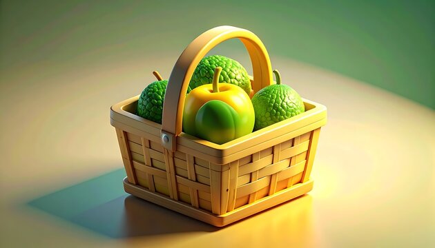 Woven basket filled with assorted fruits including green apples and a yellow apple