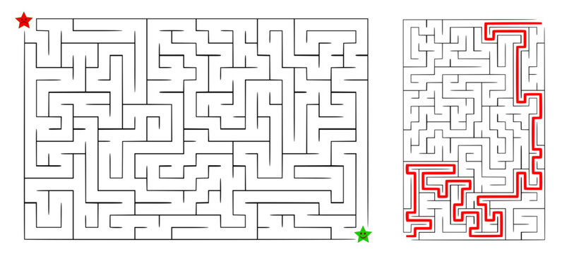 Black and white maze illustration featuring intricate pathways and a highlighted solution path in red, with start and finish points marked by stars