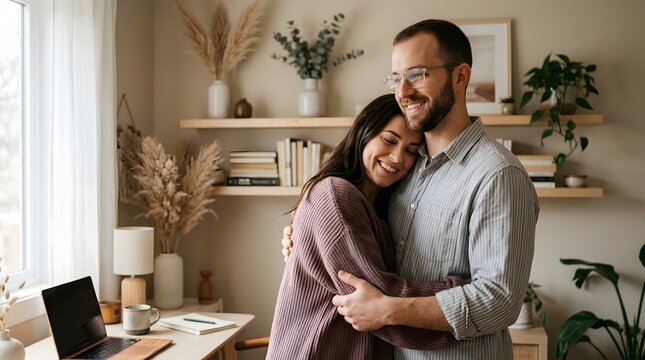 Couple embracing affectionately in a bright and cozy home office setting high quality professional detailed modern elegant stylish clean crisp vibrant colorful