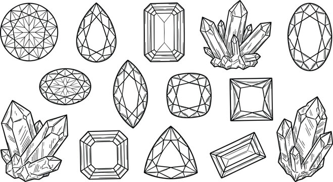 Geometric Crystals and Diamond Shapes Icon Set with Various Cut and Faceted Gems for Jewelry, Luxury, and Digital Designs