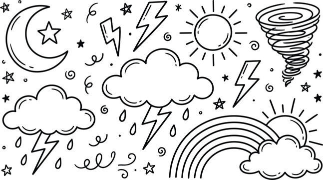 Hand-Drawn Weather and Storm Doodle Icon Set with Clouds, Lightning, Sun, Rainbow, Tornado, and Stars for Fun, Nature, and Digital Designs